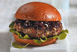 Cabernet-cherry lamb burgers with blue cheese and pancetta