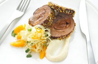 Kasbah lamb with cauliflower puree and shaved orange and fennel salad