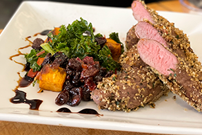 Herb Crusted Aussie Lamb Tenderloin   With Roasted Sweet Potato and Kale Hash  and Cherry Chipotle Chutney