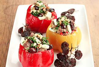 Peppers Stuffed with Lamb, Feta, Couscous and Black Olives
