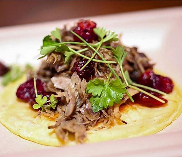 Aussie lamb carnitas tacos with pickled cranberries