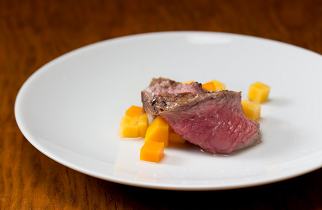 Duck Fat Poached Australian New York Strip with Bacon Jam, Butternut Squash Pickle
