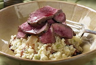 Pan-Seared Australian Beef Rib Eye with Cabernet Sauce and Pear Risotto