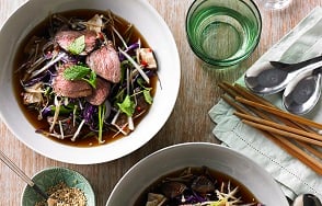 Spiced Aussie beef sirloin medallions, crispy Asian slaw, pickled mushrooms and black broth