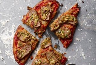 Italian herb-crusted lamb loin pizza
